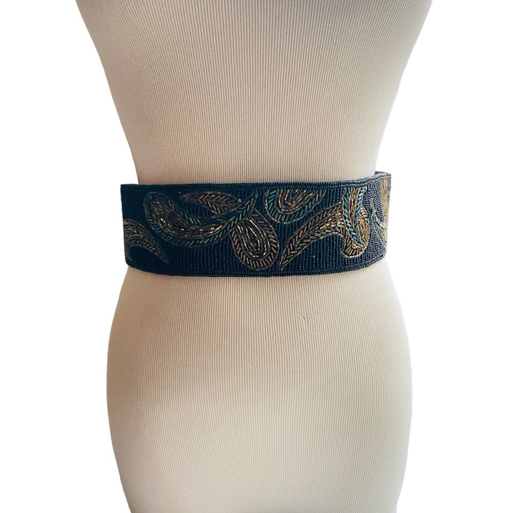 Vintage Dynasty Style Handmade Beaded Belt Black Amber Bronze Paisley Florals